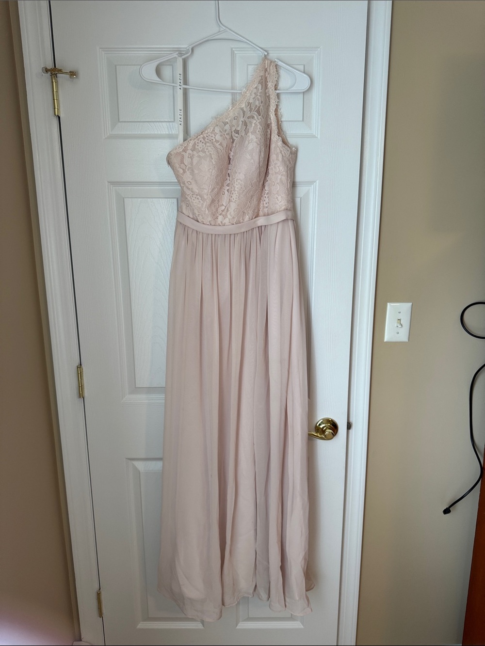 Azazie Blush One-Shoulder Lace and Chiffon Bridesmaid Dress